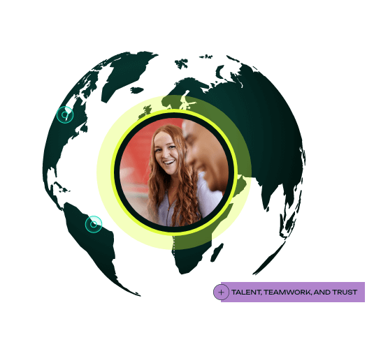 two people laughing on top of a 3D globe with green data points