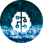 abstract blue ocean wave texture and a brain circuit board icon