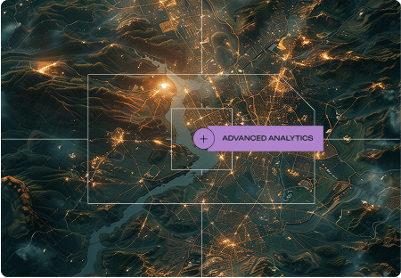 a mountain landscape with roads highlighted and the text "advanced analytics" on a purple tab