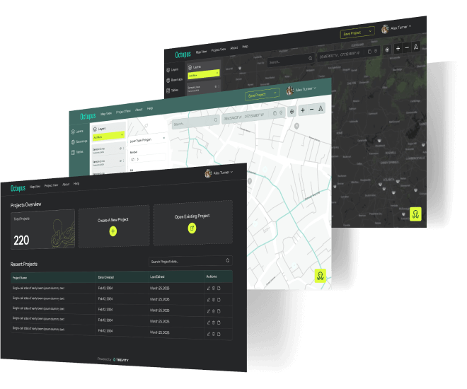 3 stacked dashboard screens with the Octopus platform pages