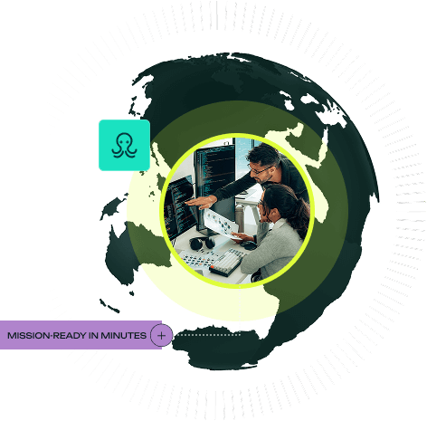 a 3D globe, two people working on a computer together, an octopus icon, and the text "mission-ready in minutes" on a purple tab