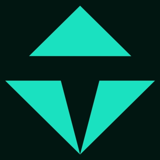 Trevity logo - green diamond with a black T through the center